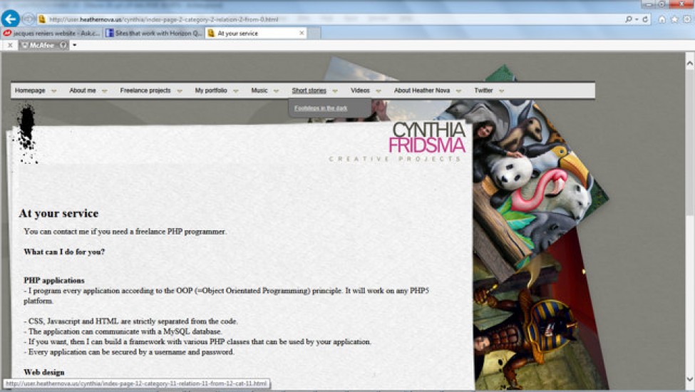 PHP, Javascript, CSS, MySQL and HTML
http://user.heathernova.us/cynthia